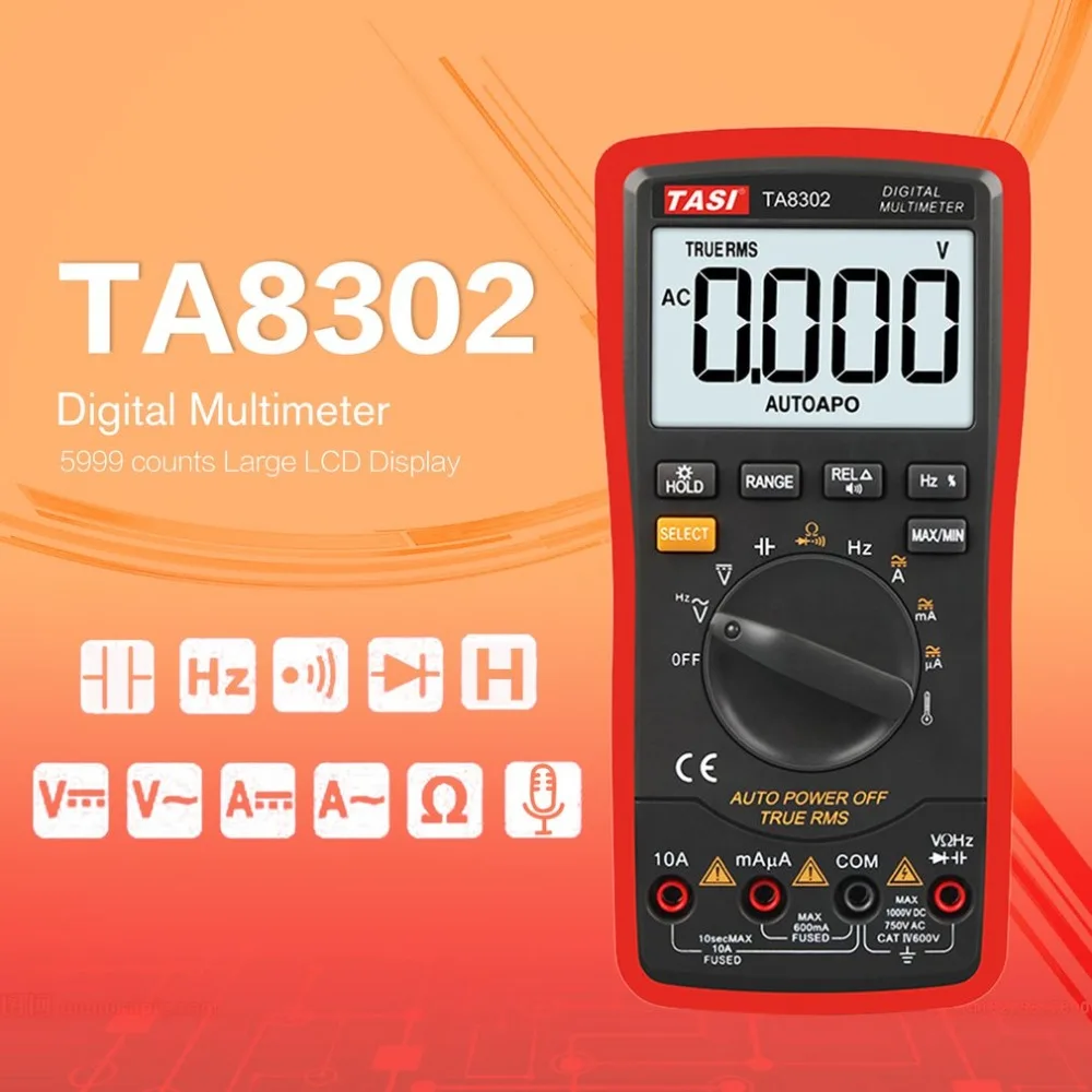 

Digital LCD Multimeter TA8302 DC/AC Volt Amp Meter Handheld Auto Ammeter Ohm Diode Capacitance Tester TRMS Voice Broadcast