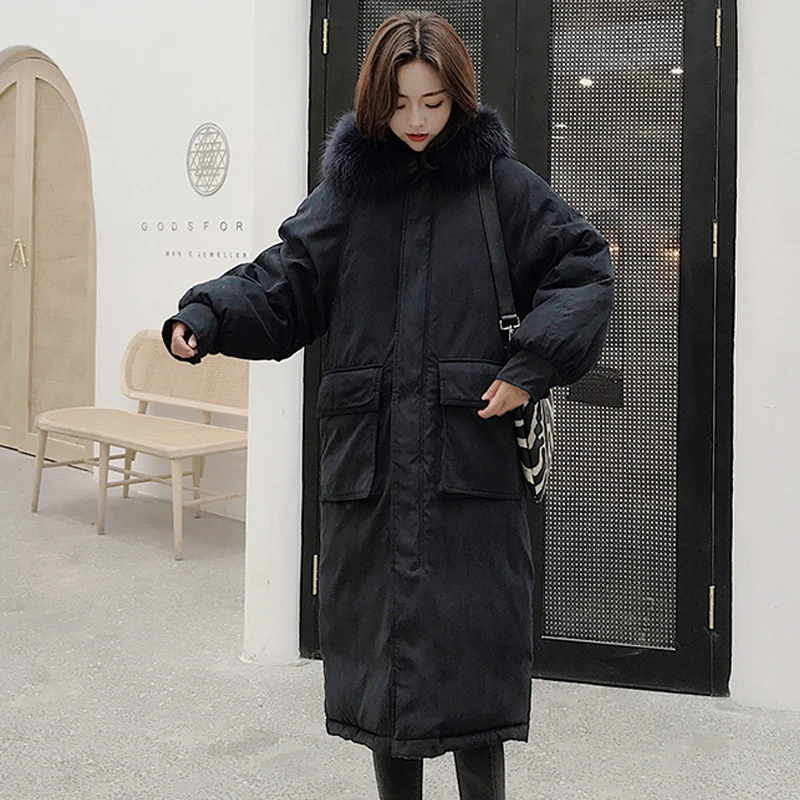 

High Quality Winter Women Down Jacket Fur Collar Hooded Long Padded Female Jacket Oversize Korean Style Womens Parka