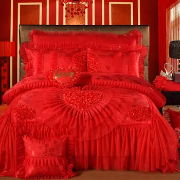 

Red Pink Luxury Lace Wedding Bedding set King Queen Size Bed set Bedspread bed sheet set Decoration Duvet cover juego de cama