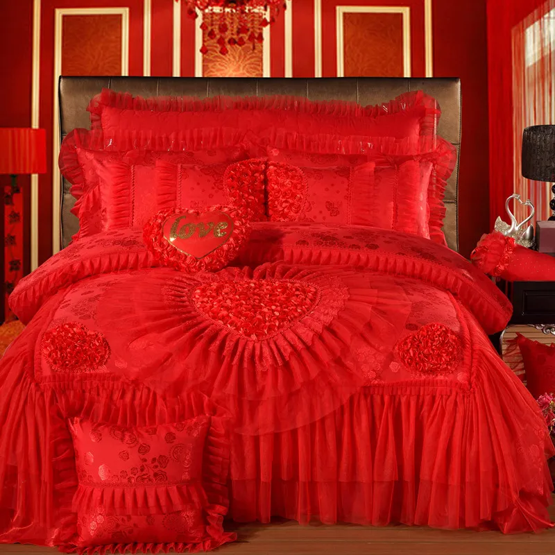 Rot Rosa Luxus Spitze Hochzeit Bettwäsche set König Königin Größe Bett gesetzt Bettdecke bettlaken set Dekoration bettbezug juego de cama Billig