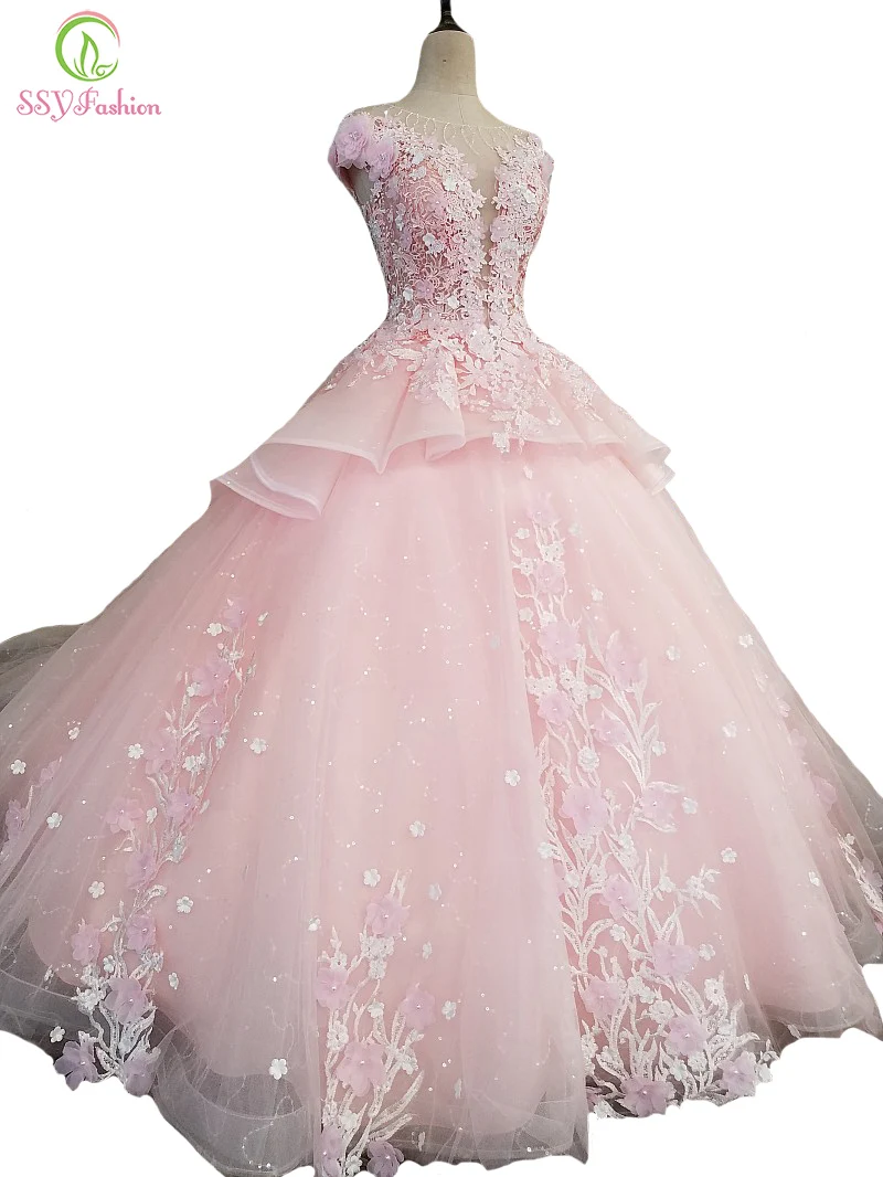 Женское вечернее платье SSYFashion, розовое бальное платье с цветочной кружевной аппликацией с бисером, А-силуэт, длинное платье для выпускного вечера