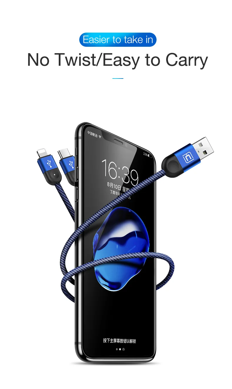 Cafele 3в1 светодиодный usb-кабель для iPhone Micro USB type C нейлоновый Плетеный usb-кабель для iPhone huawei Xiaomi Быстрая зарядка