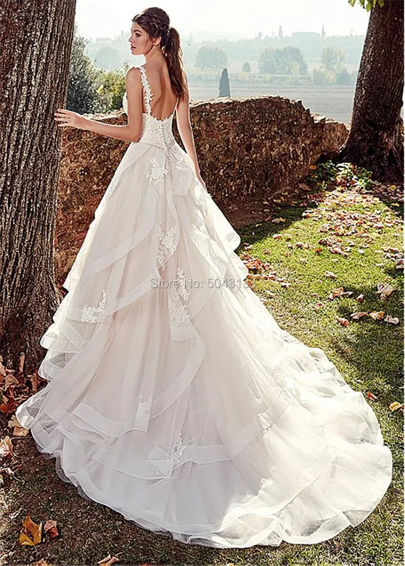 US $111.00 Sexy V Neck Spaghetti Straps Applique Wedding Dresses Ruffled Tulle Lace Bridal Gowns Long Backless Vestido De Noiva 2021