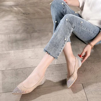 

2019 Summer VALLU Fashion Pointed Toe Ballet Flats Woman Lady Flat Shoes Female Breathable Mesh Rhinestone Soft Moccasins