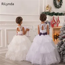 Kids White Tulle Long Flower Girl Dresses For Weddings Ball Gown Bow Girl Party Communion Dress Pageant Vestido Formal Dresses white lace pink tulle ball gown flower girls dresses for weddings tulle lace formal kids wear for party communion dress