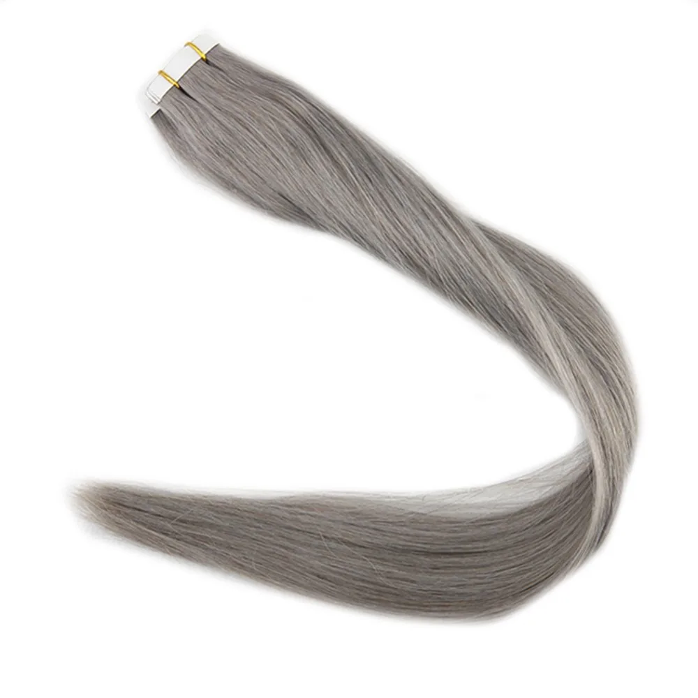 Full Shine Glue in Real Hair Extensions Silver Gray Remy Hair Skin Weft