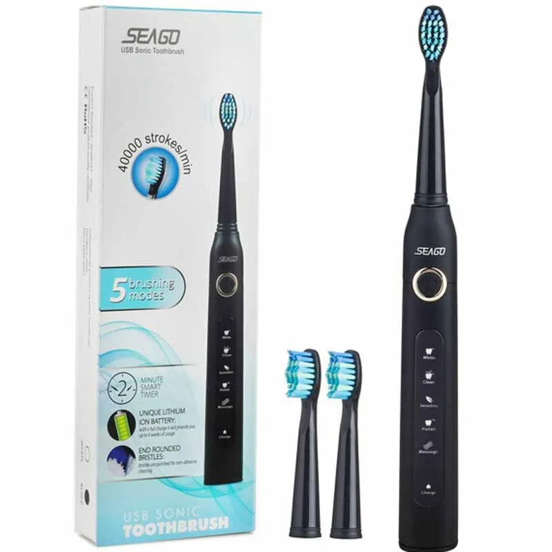 

SEAGO SG-507 Sonic Electric Toothbrush Adult Timer Brush USB Charger Rechargeable Tooth Brushes with 3pcs Replacement Heads