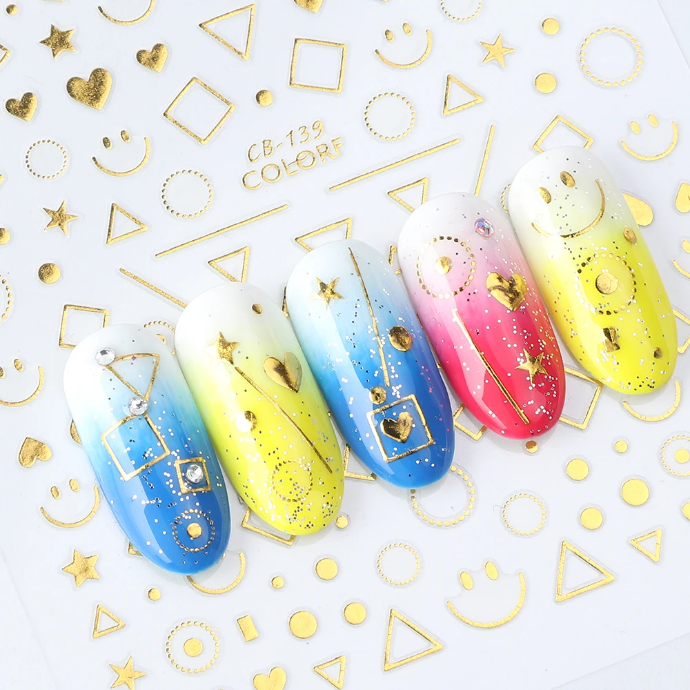 

1 Sheet Gold Metal Nail Art Sticker 3D Ahesive Nail Sliders Triangle Silver Wire Smiley Face Sequin Accessories LACB133-141-2