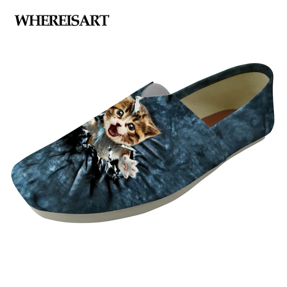 

WHEREISART 2019 Women Casual Flats Shoes Cute Denim Animal Cat Dog Prints Women's Comfortable Light Canvas Shoes for Teenagers