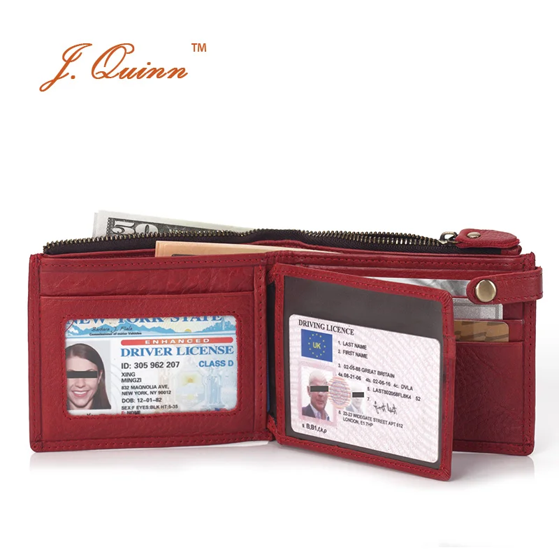 

J.Quinn Modern Ladies Red Purse Hasp Genuine Leather Wallet with Zipper Coin Pocket ID Flap Driver Card Slot for Women Wallets