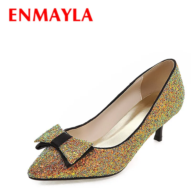 

ENMAYLA Spring Women Glitter Bowtie Pumps Low Heels Shoes Woman Pointed Toe Kitten Heels Ladies Pumps Women Mixed Colors Shoes