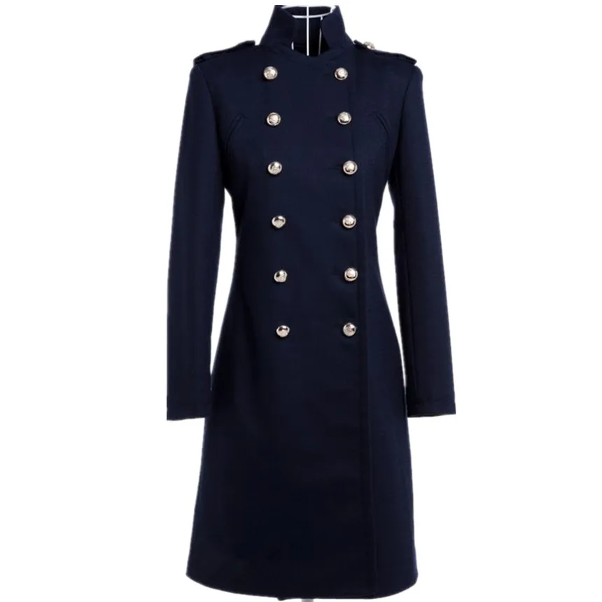 Новое осенне-зимнее женское двубортное шерстяное пальто в стиле милитари с воротником-стойкой - Цвет: dark blue