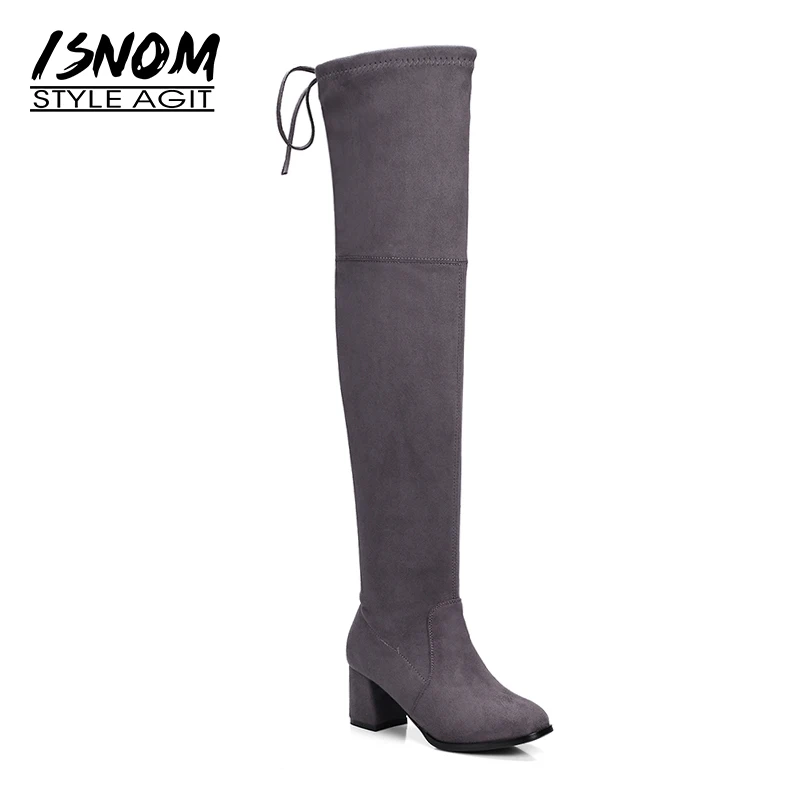 

ISNOM Thick High Heels Flock Woman Boot Stretch Lady Long Over The Knee Boot Fashion Female Shoes Autumn Women Big Size 34-43