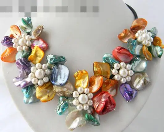 

song voge gem nanJ0952 Multicolor Shell White Freshwater Pearl Flower Necklace