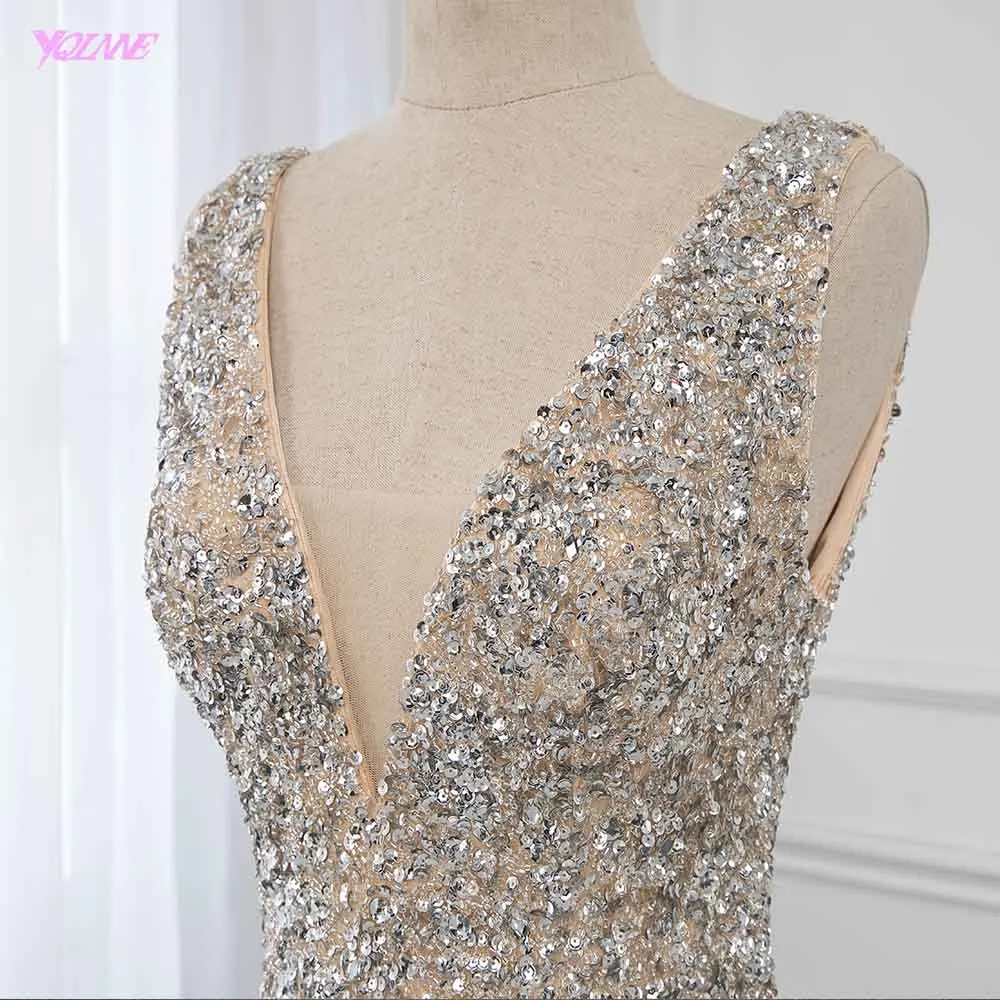 Luxury Deep V-neck Gold Crystals Evening Dress Long Beaded Mermaid Dress Formal Gown YQLNNE Luxury Deep V-neck Gold Crystals Evening Dress Long Beaded Mermaid Dress Formal Gown YQLNNE