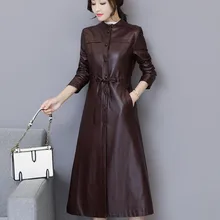 Женский кожаный Тренч, осень, Новое поступление, зимнее женское пальто из овчины, спилок, длинная верхняя одежда, ремень на пуговицах, корейский стиль