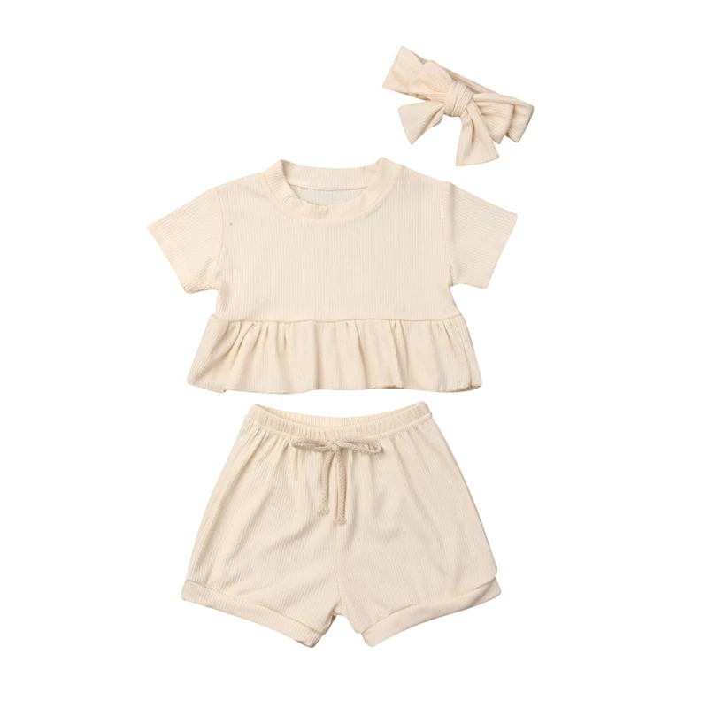 

Newborn Baby Girl Clothes Solid Boy Outfits Ruffles Tops Shorts Sunsuit 3Pcs One Year Birthday Girl Outfit Girls Clothes Set
