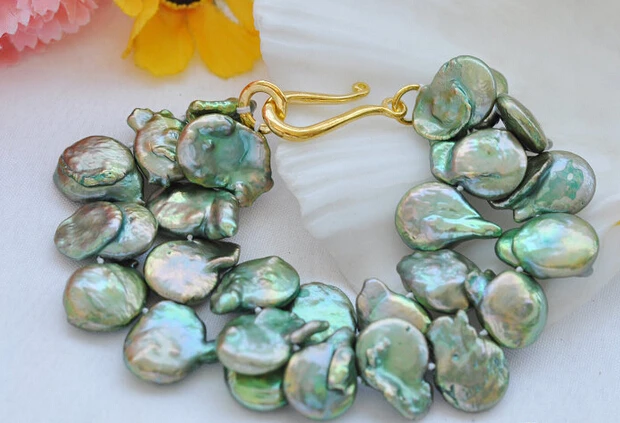 

Hot sell ->@@ > 01175 2row 8" coin green Freshwater cultured pearl bracelet -Top quality free shipping