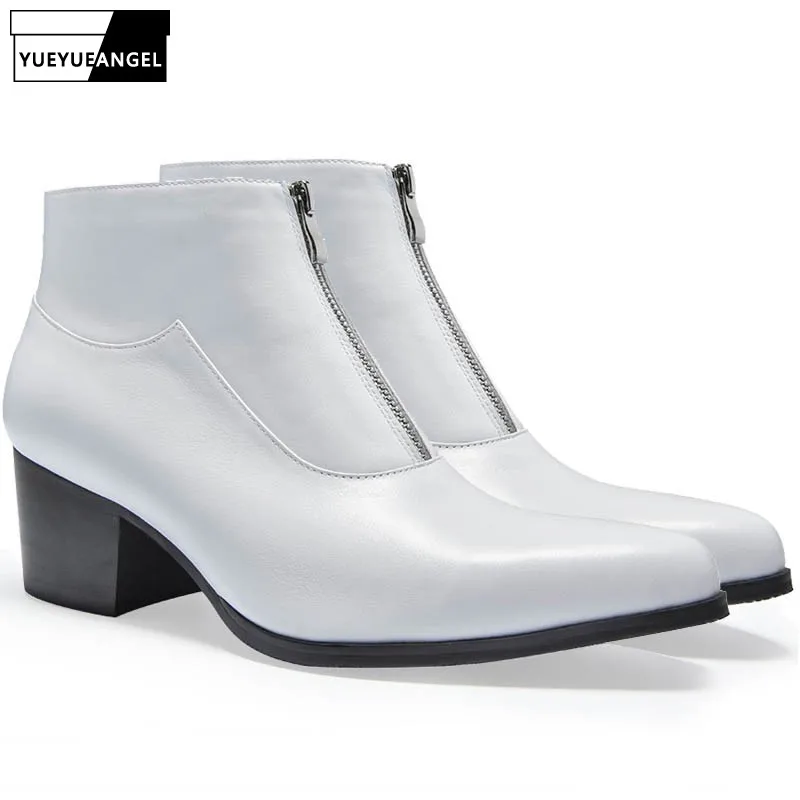 

Mens Winter Fleece Lining Ankle Boots Punk Zip High Heels Biker Ankle Boots Pointed Toe Genuine Leather Office Work Safety Shoes