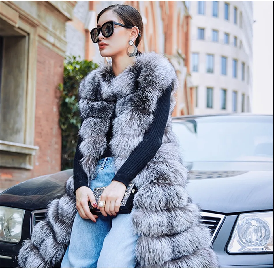Жилет женский длинный из Меха чернобурки без рукавов 110 см|silver fox fur vest|fox vestsilver vest |