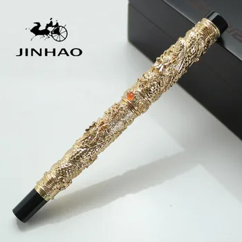 

JINHAO Gold Two Dragon Play Pearl 0.7mm Nib Dragon Carved Stationery School&Office Rollerball Pen with original box for choice
