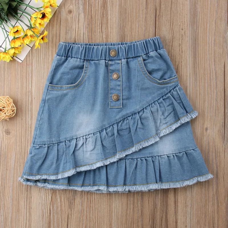 Летние модные повседневные милые юбки для маленьких девочек джинсовые синие мини-юбки трапециевидной формы с оборками на пуговицах и эластичной резинкой на талии От 1 до 6 лет