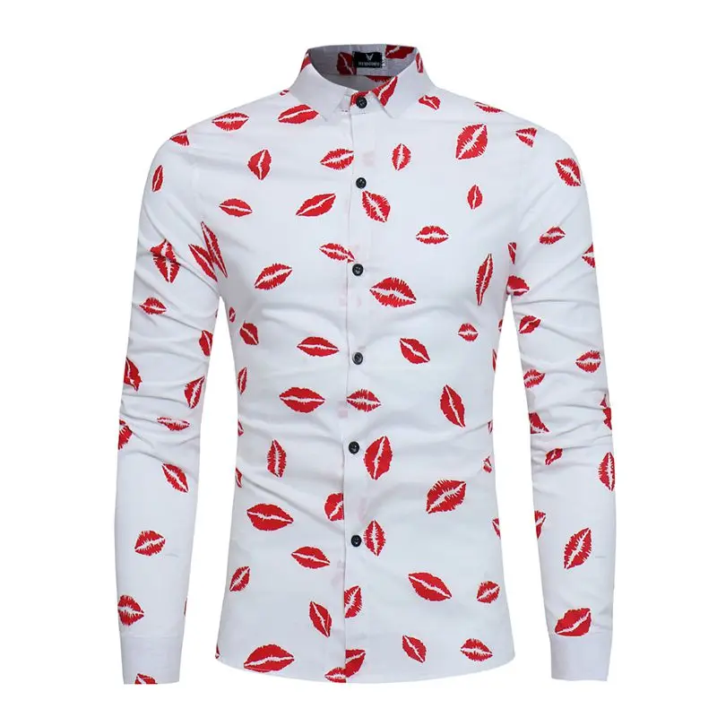 Для мужчин платье рубашка 2018 брендовая рубашка с длинными рукавами пикантные красные губы Принт рубашки для мальчиков повседневное хлопок