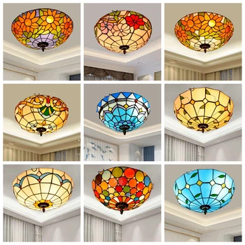 

Mediterranean Tiffany Baroque Style Blue Stained Glass Pastoral Round Art LED Ceiling Light for Bedroom Aisle Light Fixture