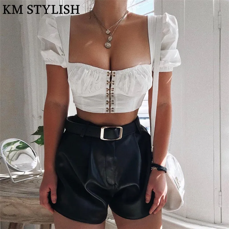 

New 2019 Spring Explosion models Puff Short Sleeve Square Collar Design Buckle Navel Solid Black White Color T-Shirt
