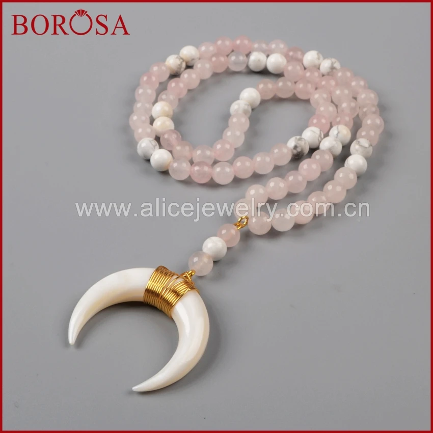 

BOROSA Gold Color Wire Wrap White Shell Horn Necklace With White Howlite Stone And Pink Quartz Bead Druzy Pendant Necklace G1161