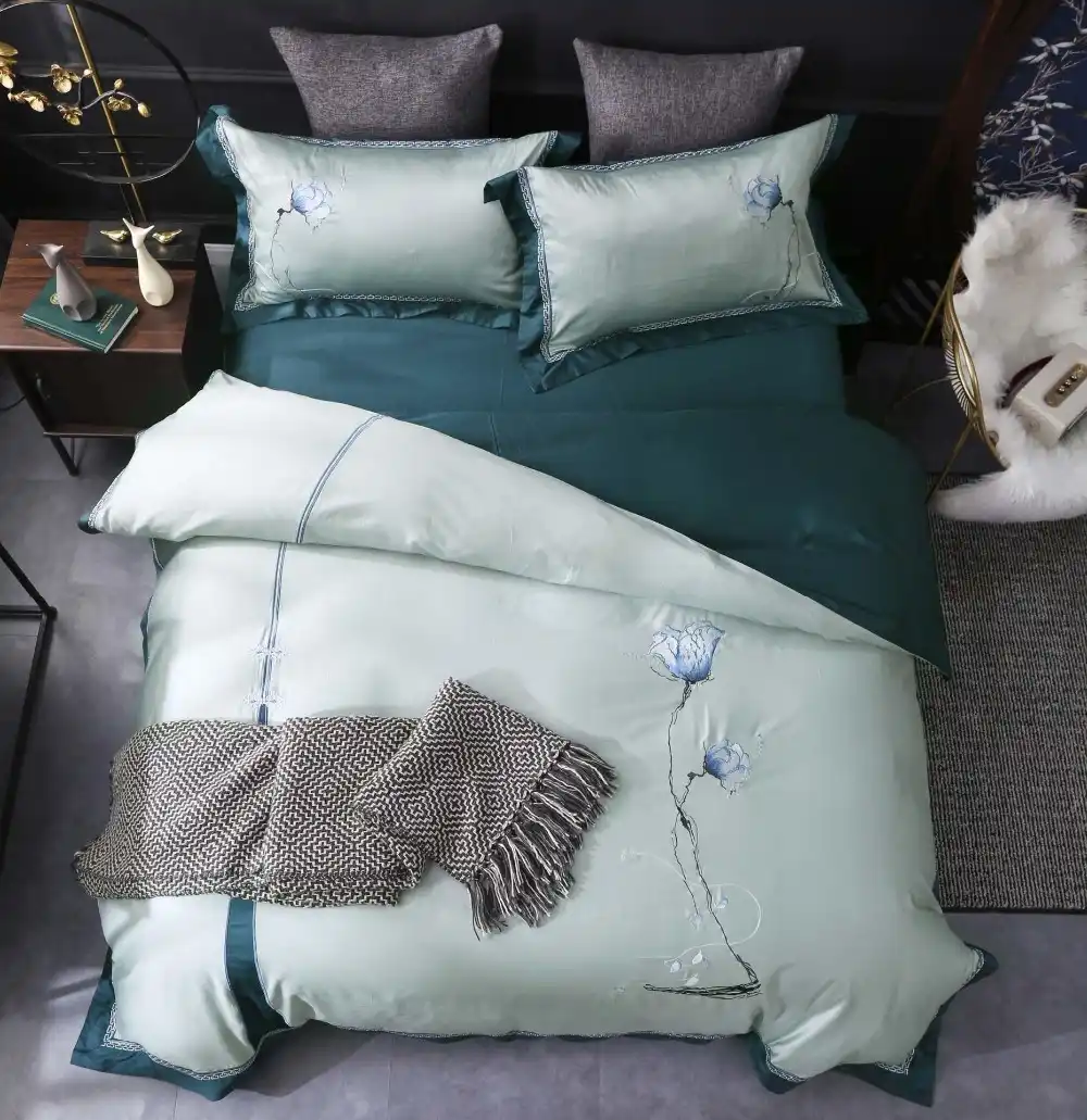 High End Chinese Embroidery Bedding Set Emerald Green Bed Set Luxury Egyptian Cotton Bed Sheet Queen King Size Duvet Cover Set