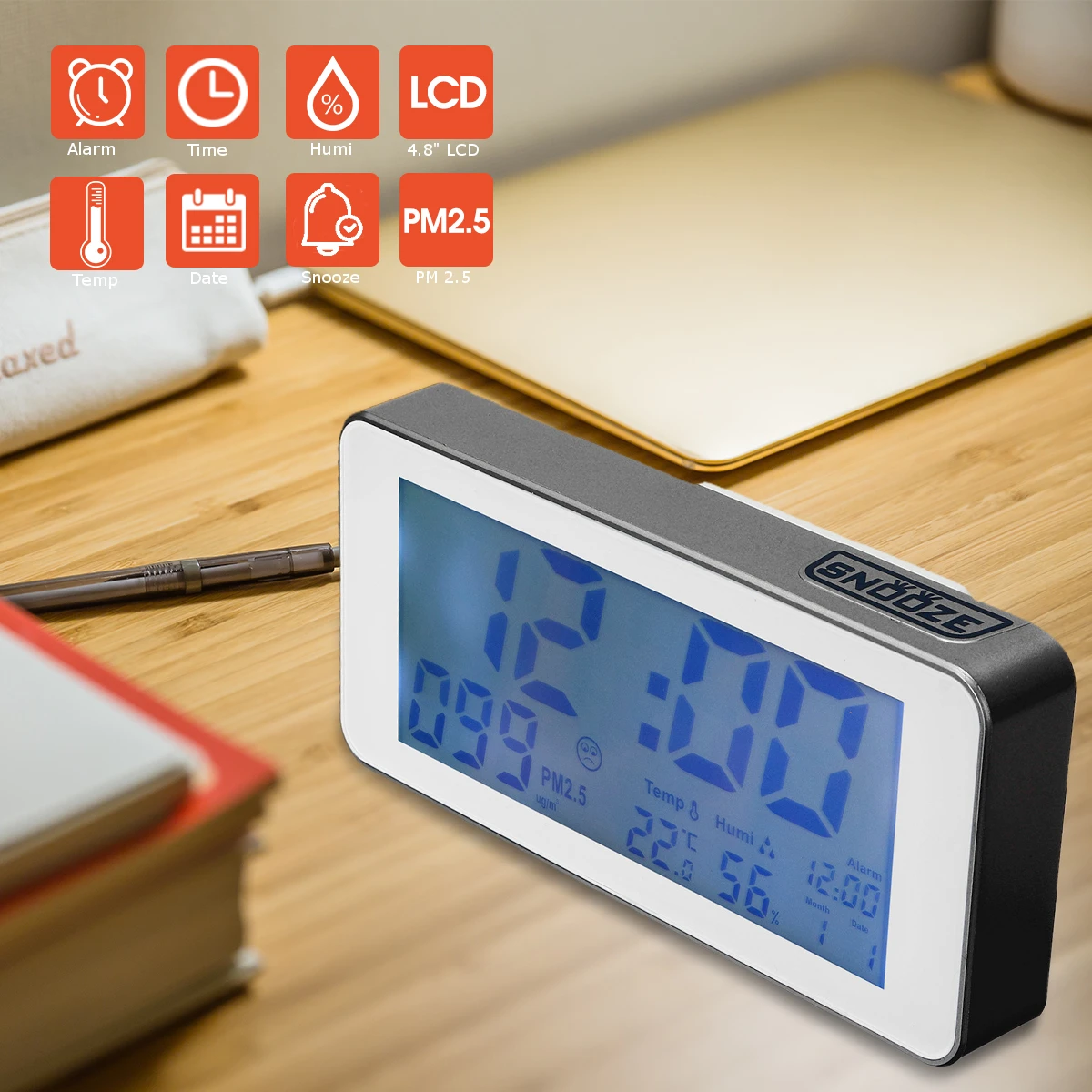 

ZEAST PM2.5 Smart Clock Detection Digital Calendar Alarm Time Temperature Humidity Gold Sliver Modern Decor US Power Adapter