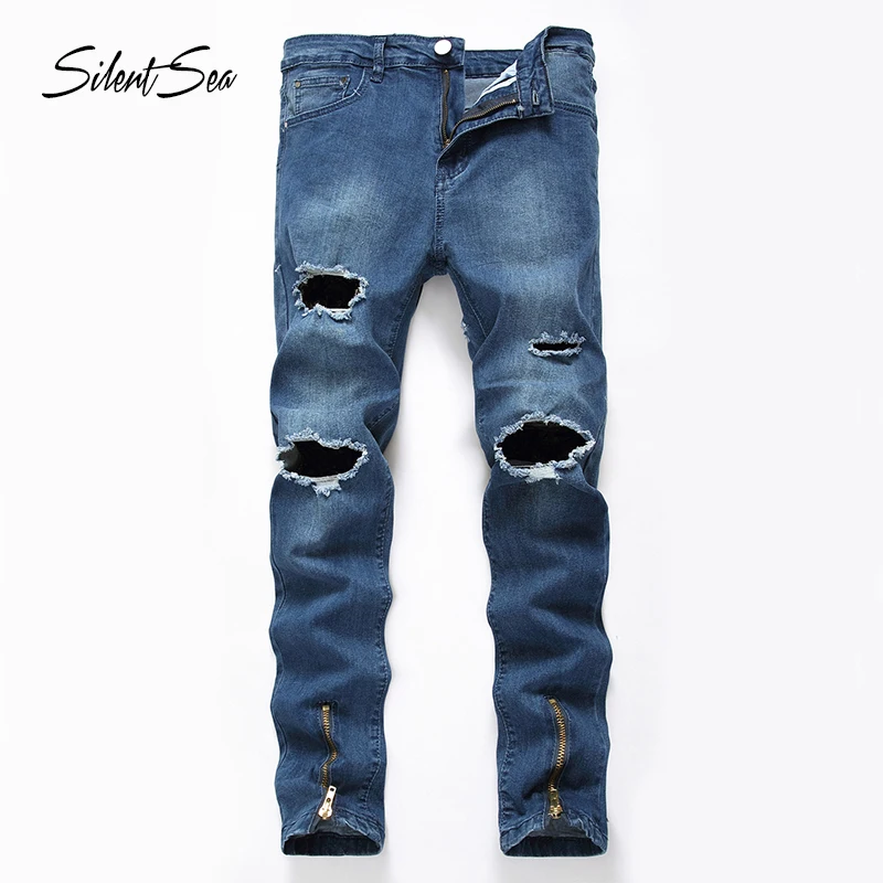 Silentsea high street fashion hotsale knee zipper men's jeans destroyed ...