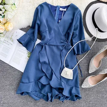

NiceMix Women Rompers Casual Solid Jumpsuit Blue Lace Up Playsuits Summer Ruffle Overalls Combinaison Femme