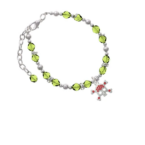 Silvertone Skull and Crossbones with Red Crystals Lime Green Beaded Bracelet