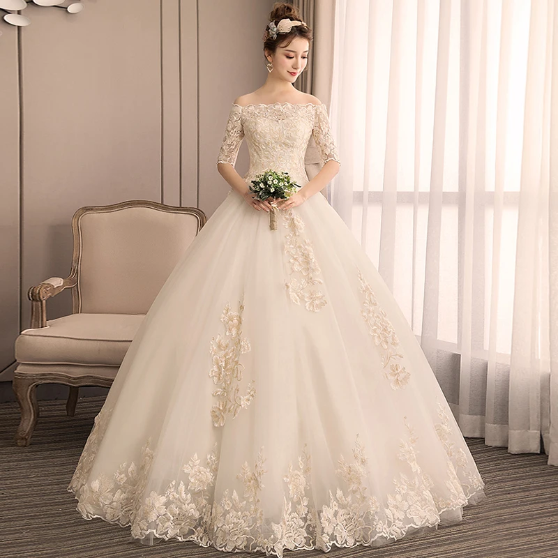 

Boat Neck Wedding Dresses New Embroidery Applique Lace Half Sleeves Ball Gown Wedding Dress Customers sizes Vestido De Noiva