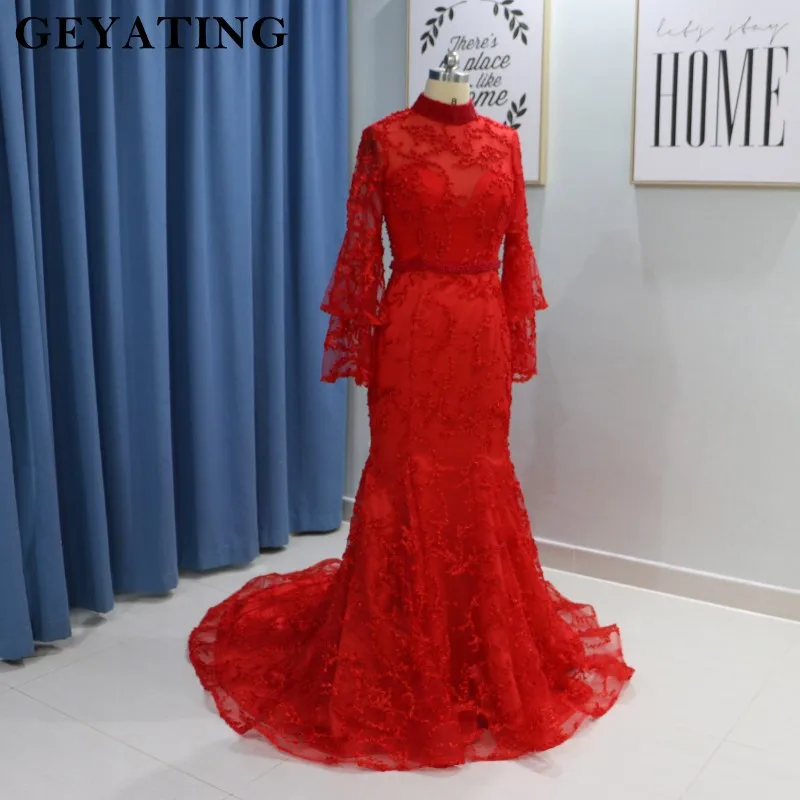 2019 Elegant Muslim Evening Dresses Long Sleeves High Neck Bead Arabic Red Lace Mermaid Prom Dress Dubai Women Formal Party Gown