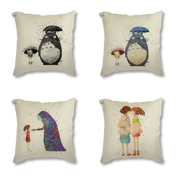 

Watercolor Miyazaki Japanese Anime Totoro Movie Posters Printed Linen Cotton Cushion Cover Sofa Seat Throw Pillow Case 45x45cm