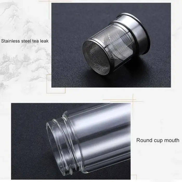 Transparent Glass Tea Cup Portable Water Tea Bottle with Separate Cup@LS