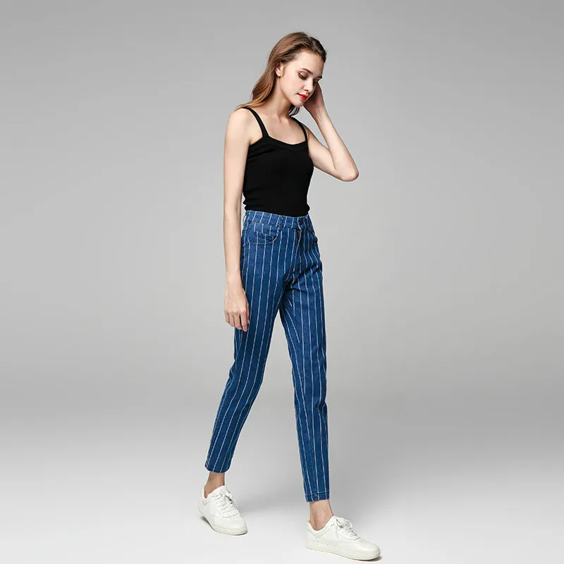 

2019 Spring Elastic Button Striped Jeans Women's Pockets Straight Casual Plus Size Ankle-Length Pants