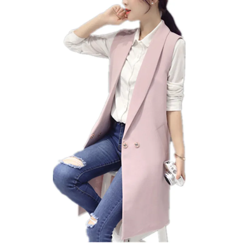 Elegant Pink Long Waistcoat for Women Spring Cardigan Sleeveless Long