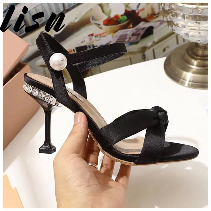 

LISN New Quality Black Silver Genuine Leather Glitter Summer Sandals Pearl Buckle Strap HIgh Heel Sandals Shoes Women Ladies