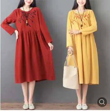 Maternity Dresses 2019 Spring New Loose Literary Embroidery Vintage Solid Color Cotton Linen Clothes for Pregnant Women QL8539