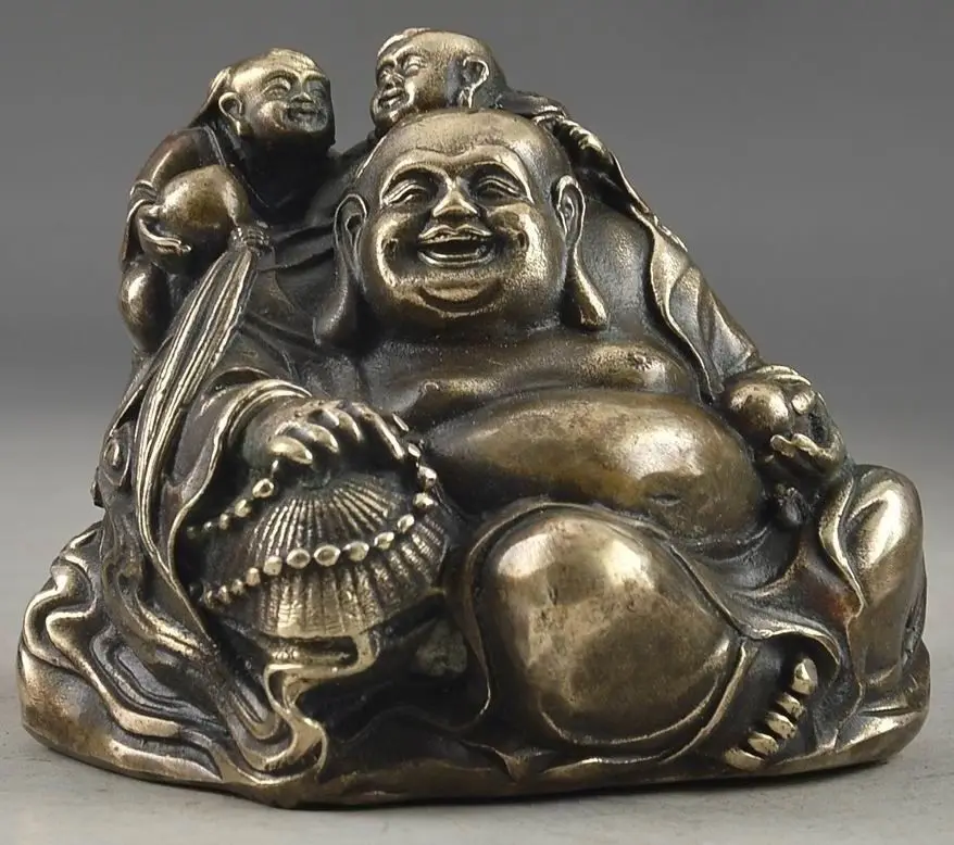 

1@g++CHINESE BRASS HAND HAMMERED THREE BUDDHA PRAYER AMULET OLD COLLECTIBLES STATUE