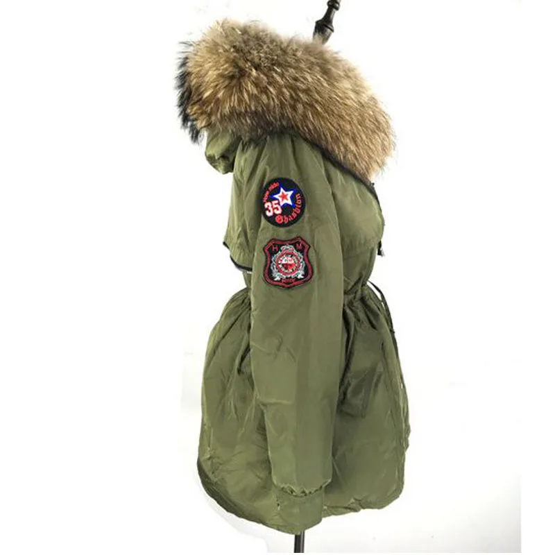 Большая зимняя женская куртка с воротником из натурального меха енота, Зимний пуховик на утином пуху, парка, армейское зеленое утепленное пальто