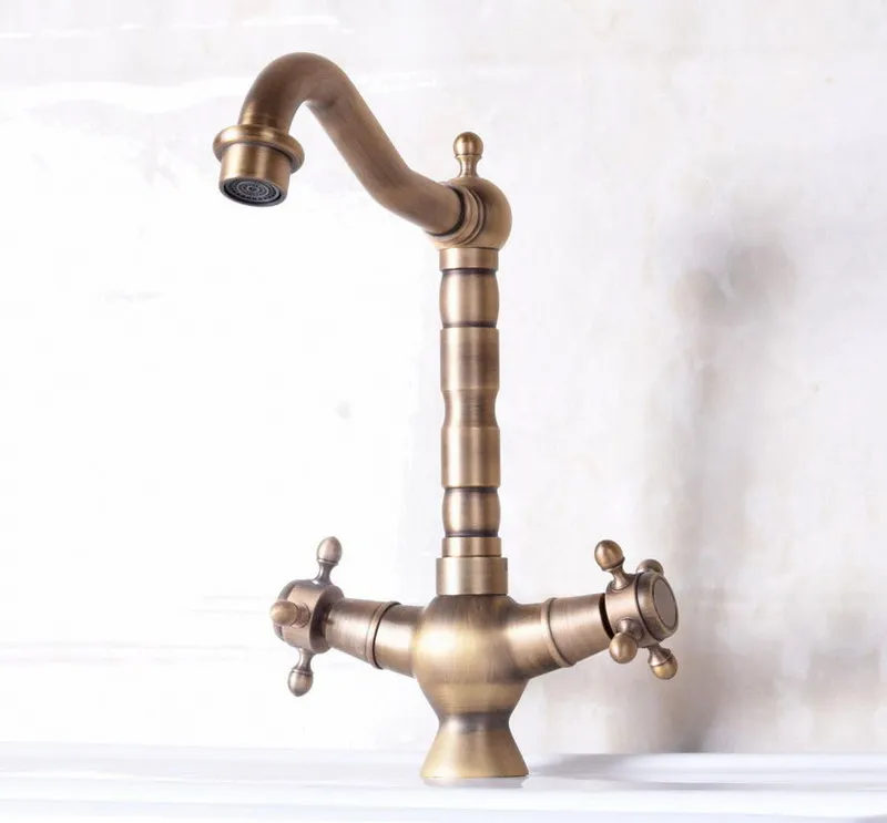 Vintage Retro Antique Brass Dual Cross Handles Bathroom Kitchen Basin Sink Faucet Mixer Tap Swivel Spout Deck Mounted mnf247