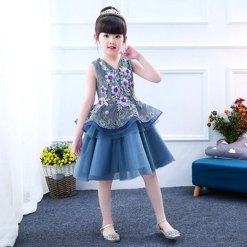 Cute Blue Tulle Sleeveless Girls Pageant Dresses Elegant First Communion Dresses For Children Graduation Flower Girls Gowns