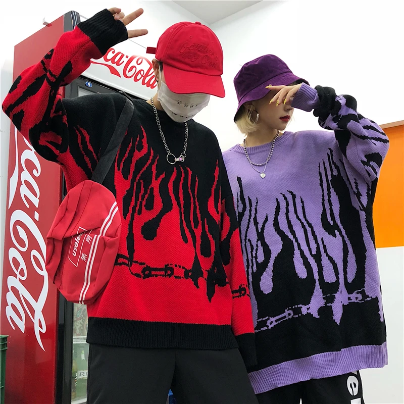 Свитер с пламенем для женщин Harajuku BF модные уличные вязаные пуловеры 2019 женские осенние зимние вязаные свитера в стиле хип-хоп