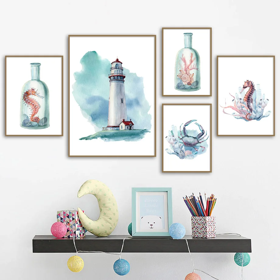 

7-Space Cartoon Drift Bottles And Seahorses Canvas Painting Nordic Print Poster Wall Art Bedroom Living Decor Canvas Pictures