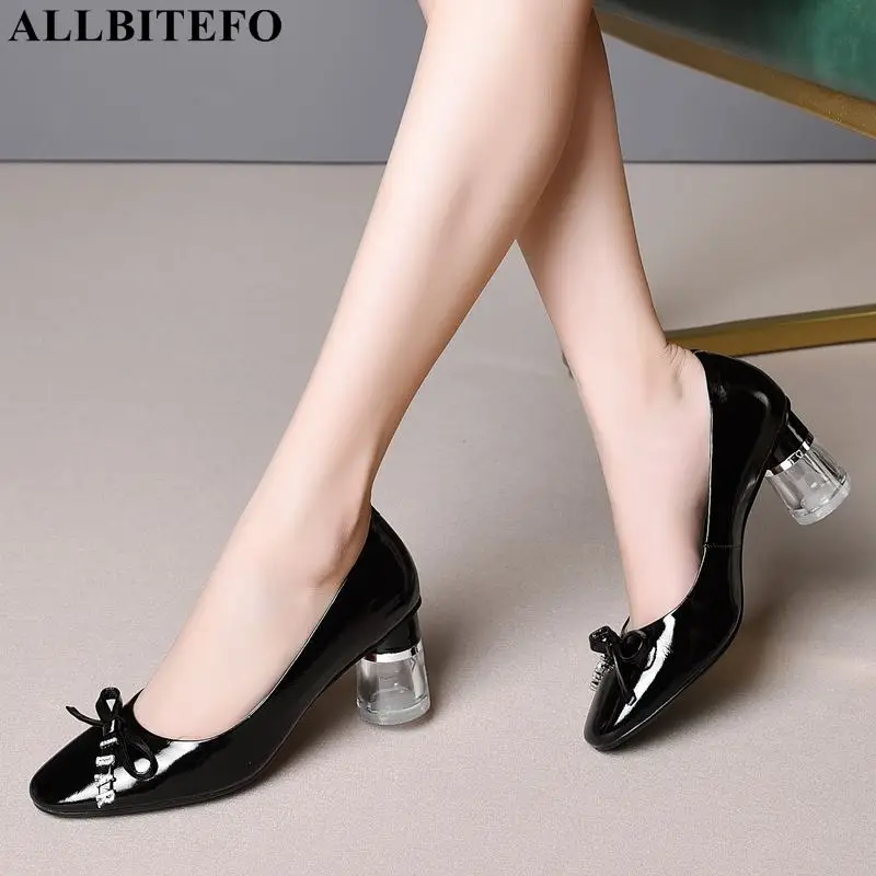

ALLBITEFO crystal heel high quality genuine leather thick heel women shoes bowtie women high heel shoes office ladies shoes